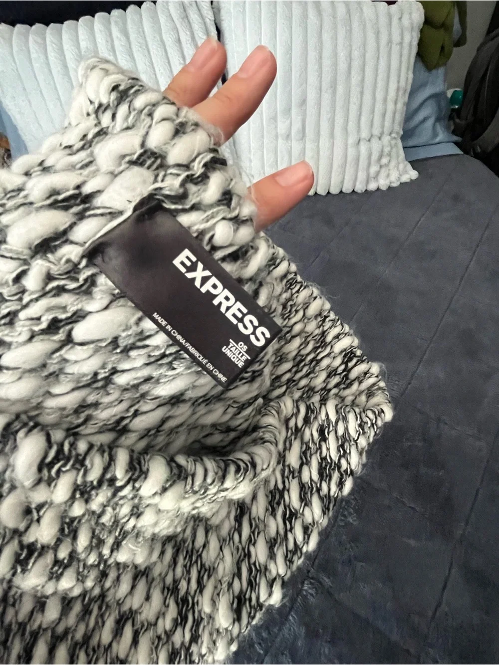 Express Black and White Marled beanie and infinity scarf